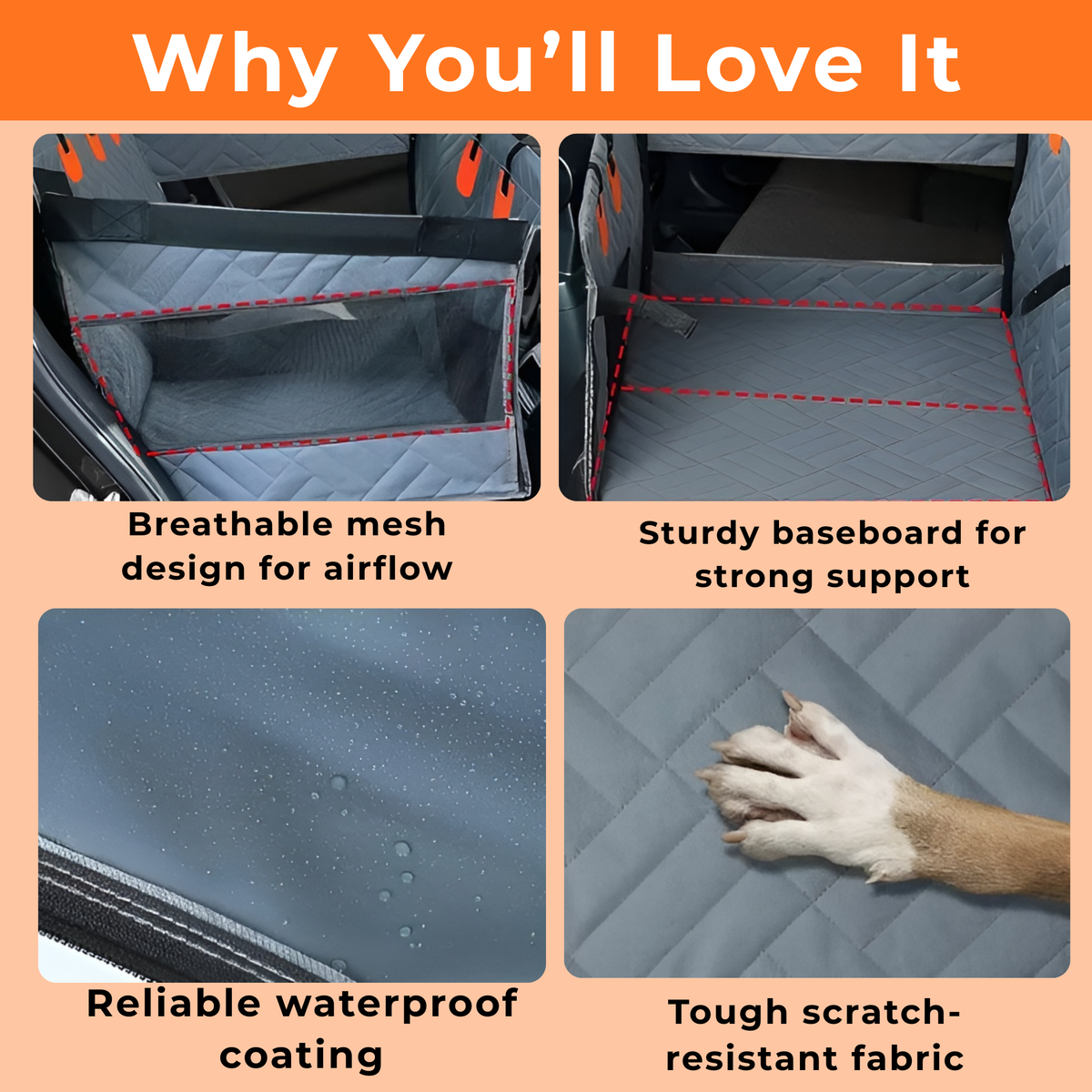 SingleRider from The Pupy Brand dog car seat cover features: breathable mesh airflow, hard baseboard support, waterproof coating, and scratch-resistant fabric for back seat protection