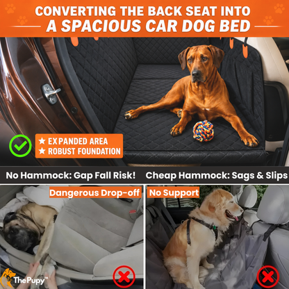 A dog car seat cover shown installed in a car back seat, with a brown dog lying on it. The image includes text comparing it to hammocks and other car seat covers, with before-and-after style panels showing issues like dangerous drop-off and lack of support.