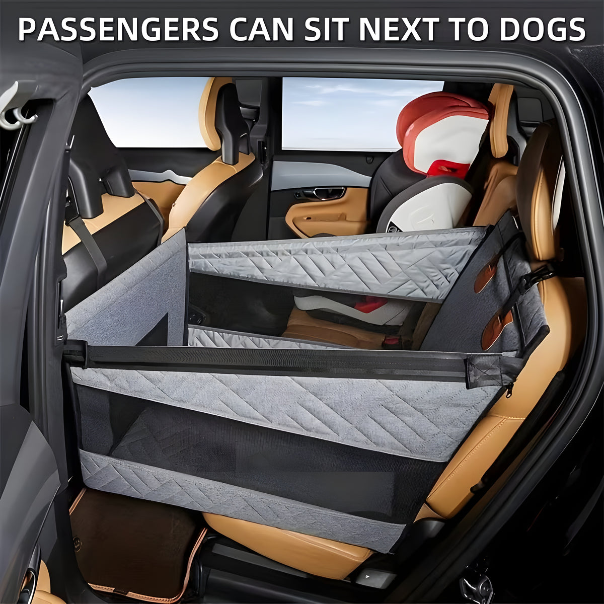 Car interior with a gray pet barrier / single rider from The Pupy Brand installed, allowing passengers to sit next to dogs.