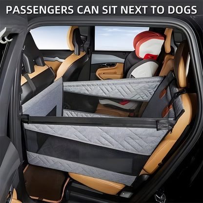 Car interior with a gray pet barrier / single rider from The Pupy Brand installed, allowing passengers to sit next to dogs.