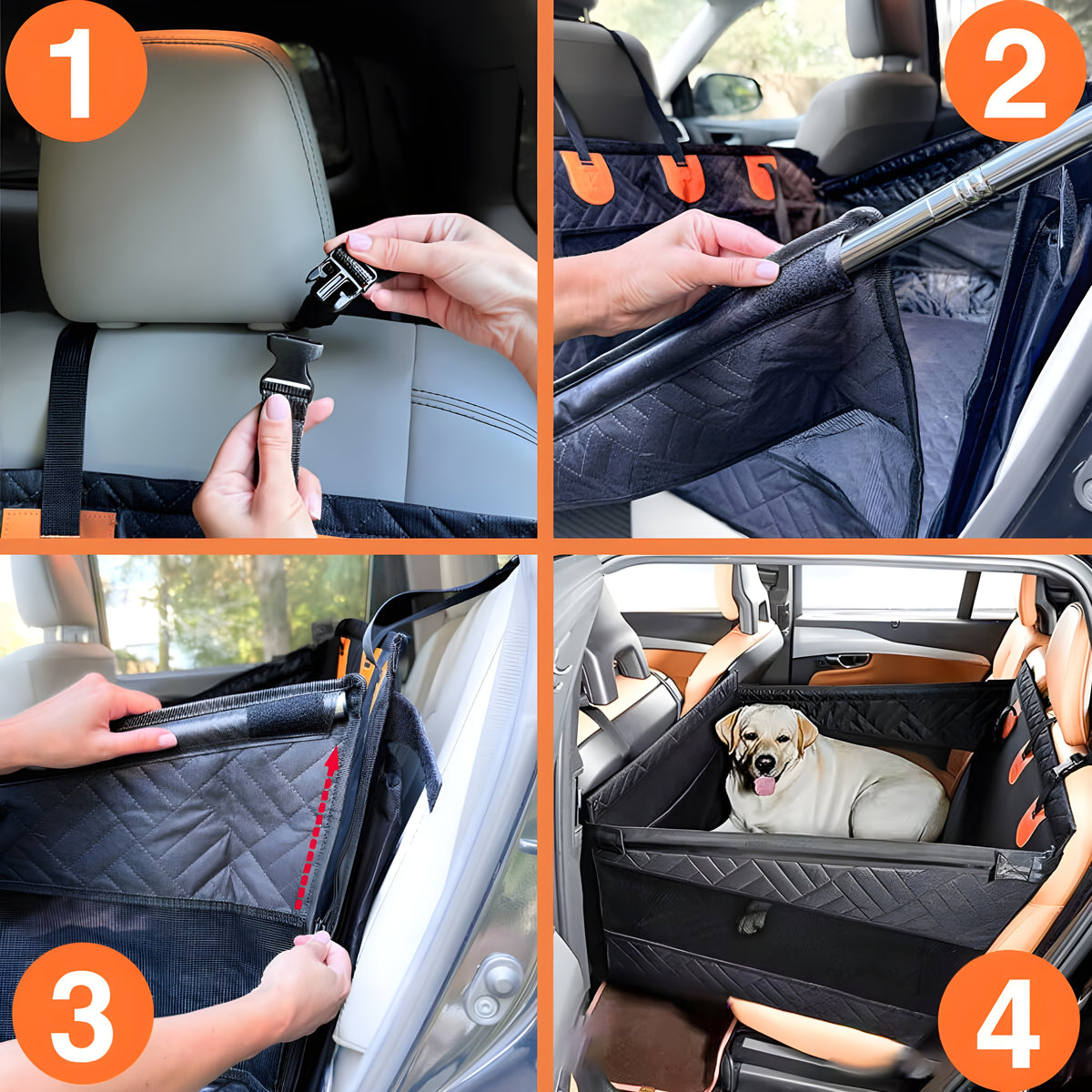 Step-by-step process (4 easy step) of using a car seat cover for a dog, with hands adjusting straps and the dog inside. - The Pupy