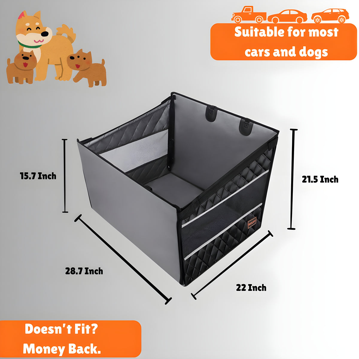 Single pet car seat cover hard bottom support with dimensions and suitability for cars and dogs on a gray background