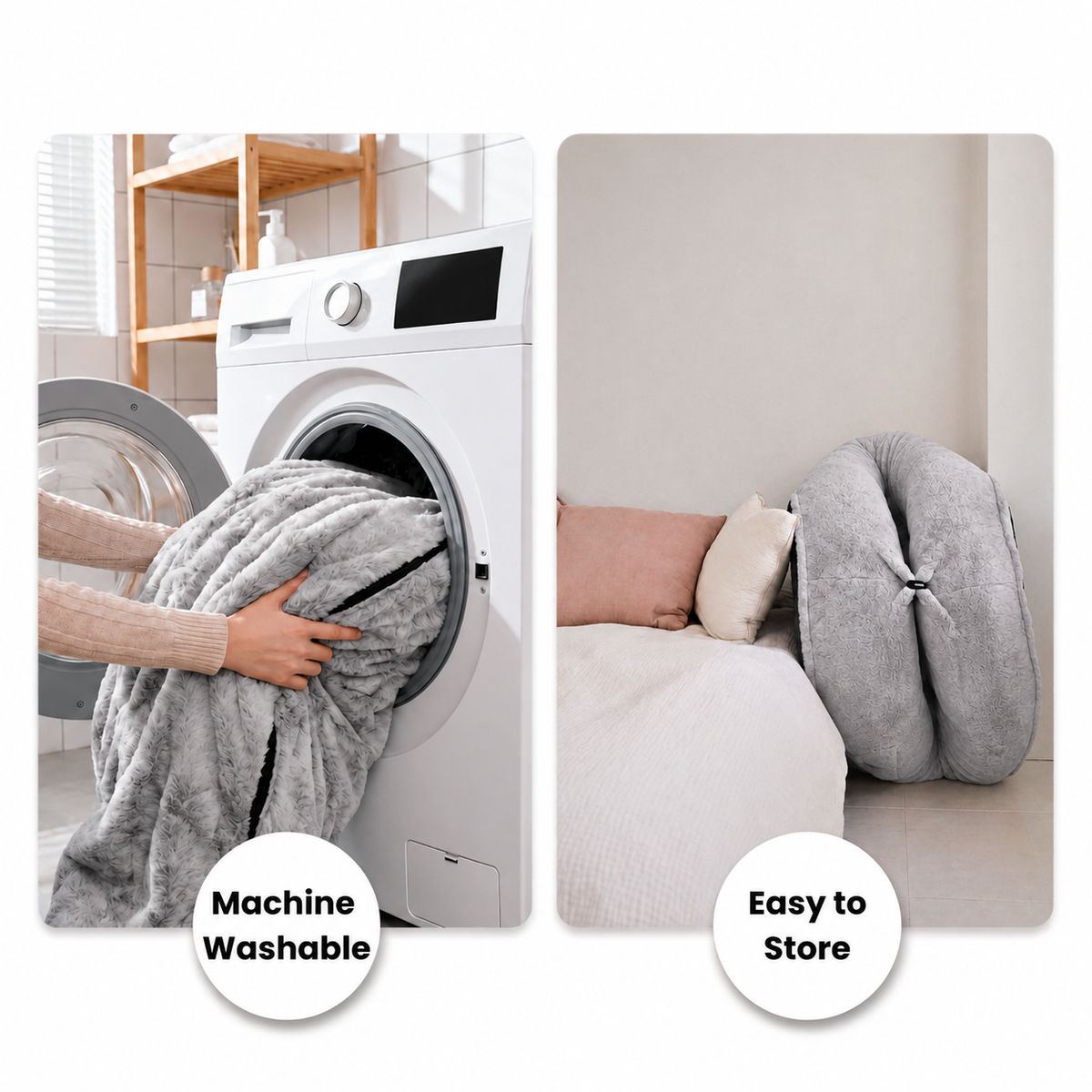 A split-screen product demonstration showing a gray plush throw blanket. The left panel shows a person washing the blanket in a white front-loading washing machine, with the text 'Machine Washable'.