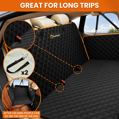 Black quilted car hard bottom seat cover set shown installed inside a vehicle trunk, with orange trim. The image includes marketing text reading 'GREAT FOR LONG TRIPS' and three circular inset callouts showing the strap hardware and folded side seating area. - The Pupy
