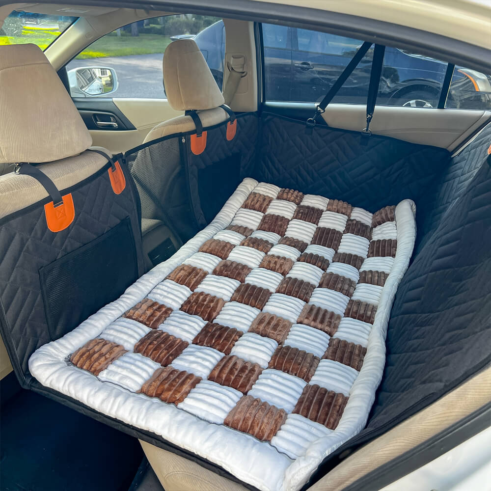 Brown plaid dog car bed mat fitted in sedan back seat