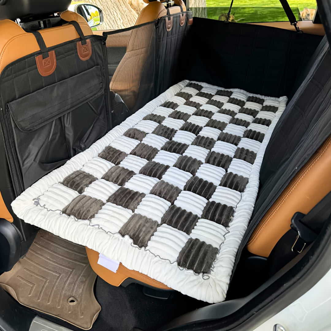 black plaid dog bed mat for car back seat in SUV
