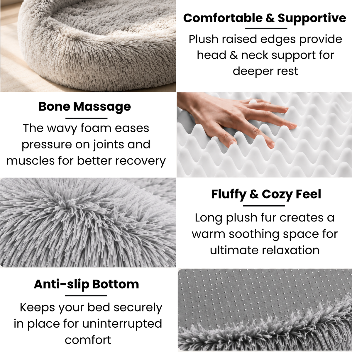 A 4-panel feature graphic for a plush pet bed. The top-left panel shows the fluffy raised edge of the bed.