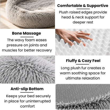 A 4-panel feature graphic for a plush pet bed. The top-left panel shows the fluffy raised edge of the bed.