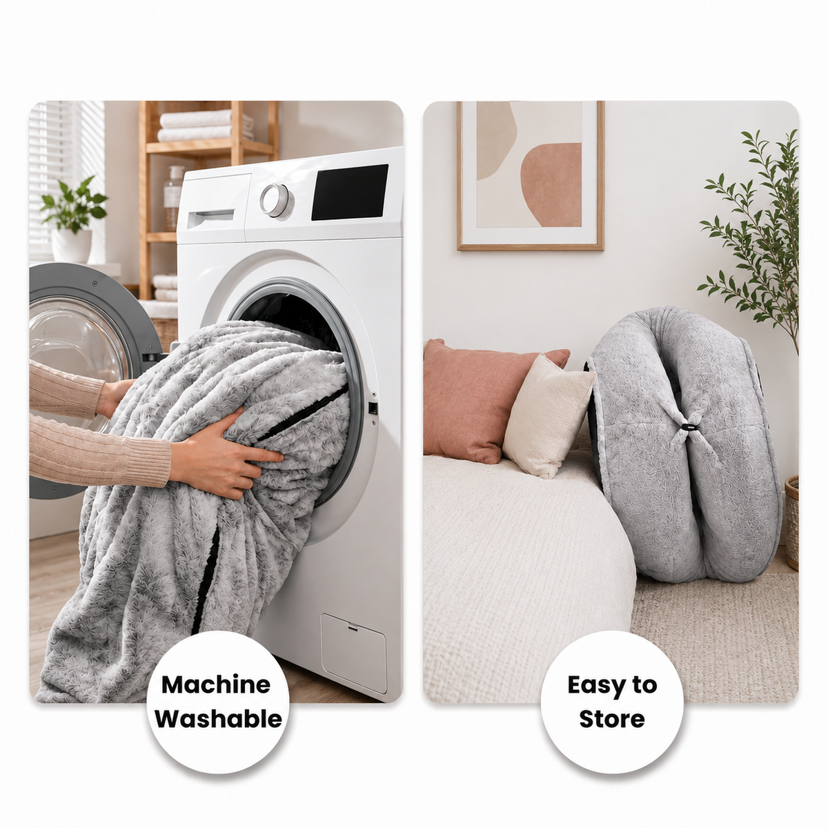 A split-screen product demonstration of a gray plush throw blanket. The left panel shows a person washing the blanket in a white front-loading washing machine, with the text 'Machine Washable'.