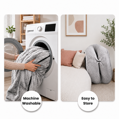 A split-screen product demonstration of a gray plush throw blanket. The left panel shows a person washing the blanket in a white front-loading washing machine, with the text 'Machine Washable'.