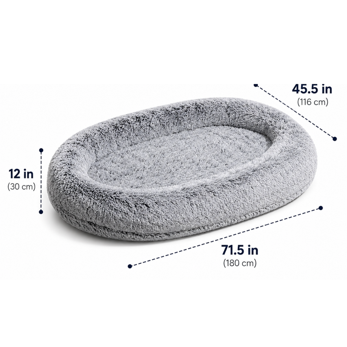 Gray plush oval pet bed with dimension callouts showing 71.5 in length, 45 in wide and 12 in tall.
