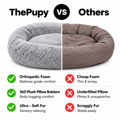 A comparison graphic titled 'ThePupy vs Others' showing two round pet beds side by side on a white background. The left bed is light gray with fluffy plush fabric and green checkmarks listing benefits like orthopedic foam and soft fur.